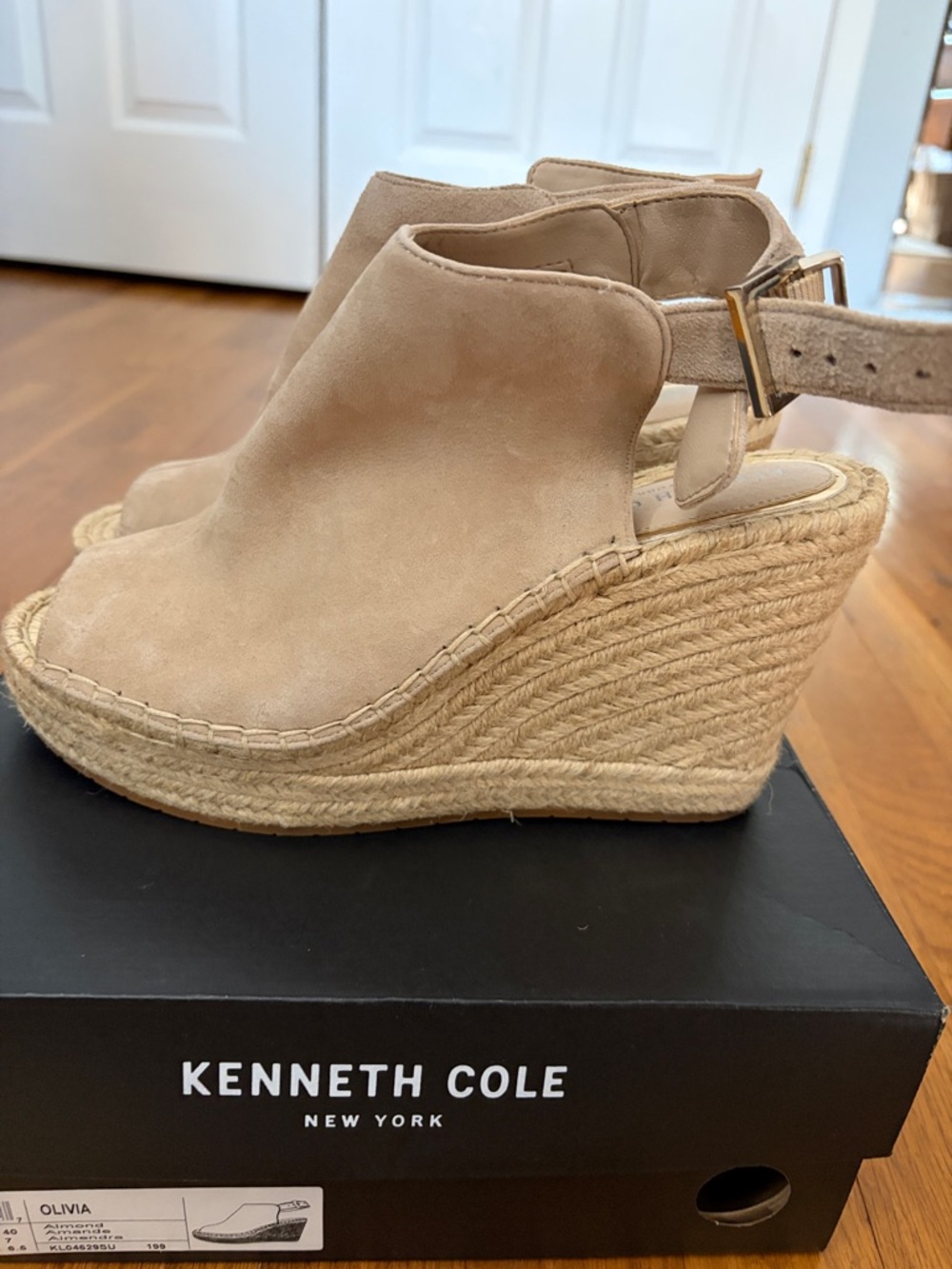 Kenneth Cole Olivia Nude Suede Espadrille Peep-Toe Wedge Sandals